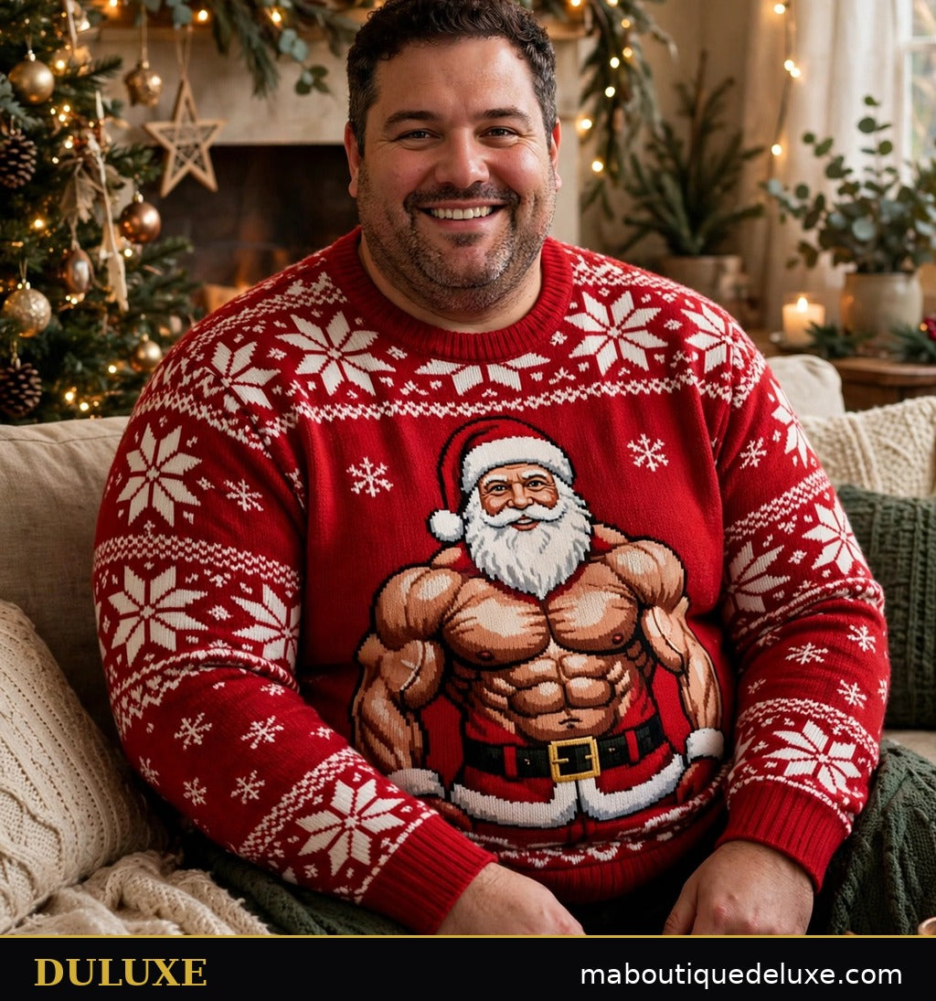 Homme de forte corpulence portant confortablement le pull de Noël DULUXE, grandes tailles S à 5XL