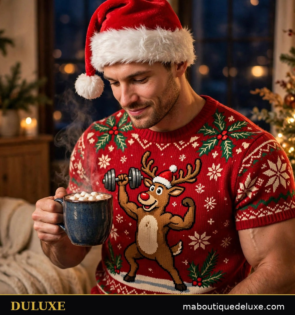 Homme avec bonnet de Père Noël et pull humoristique DULUXE près du sapin, chocolat chaud à la main