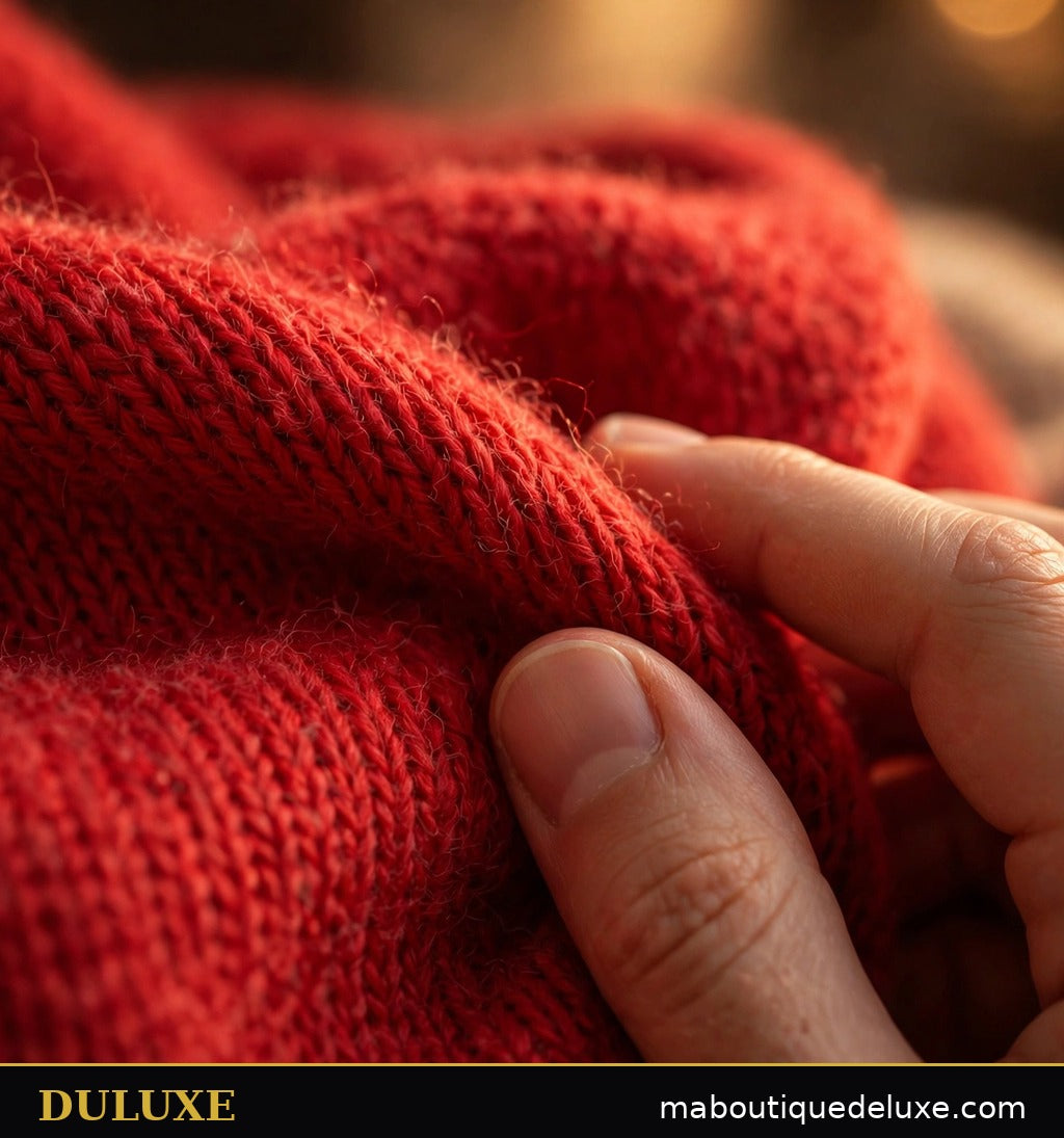 Gros plan sur la maille tricotée douce rouge du pull de Noël DULUXE touchée à la main