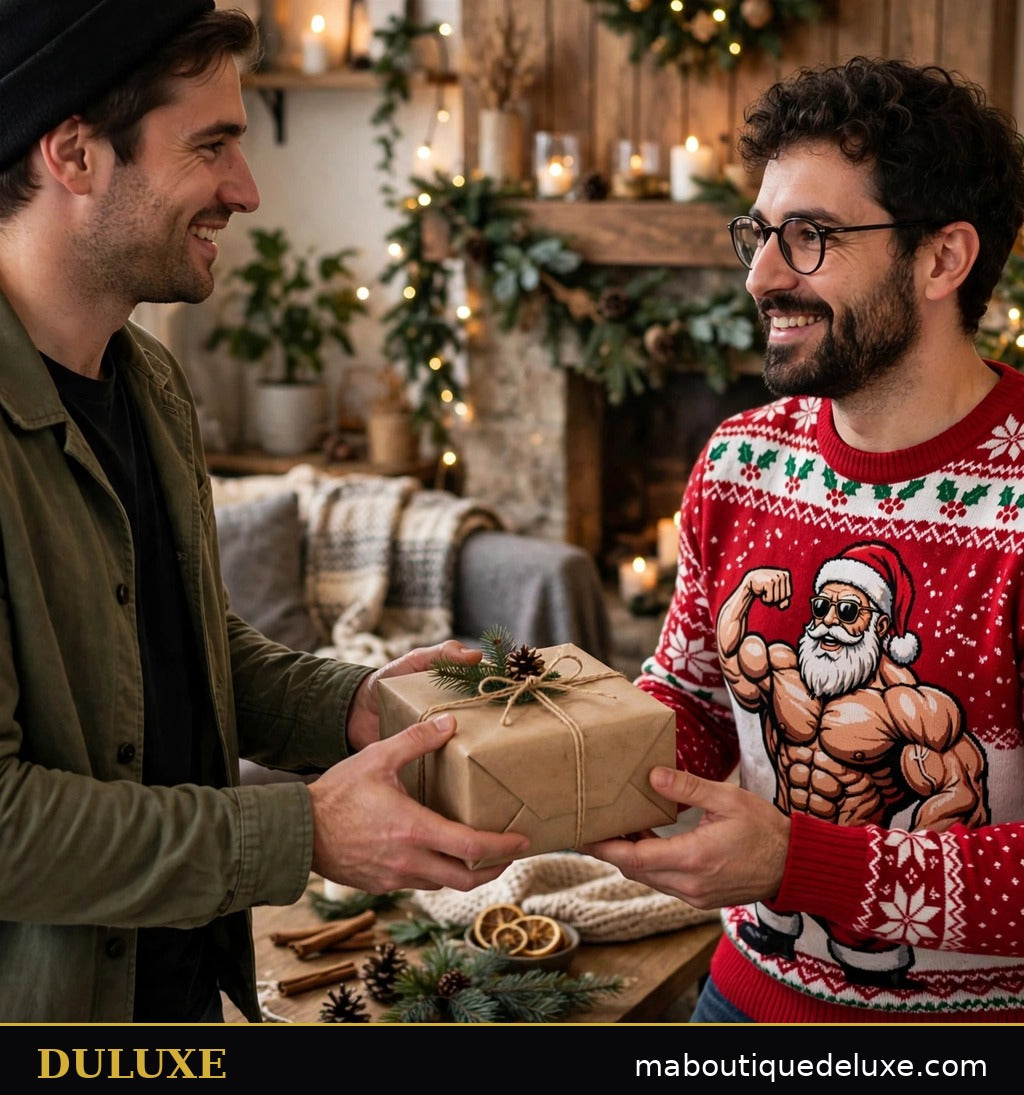 Échange de cadeaux des Fêtes avec le pull de Noël humoristique DULUXE Père Noël musclé