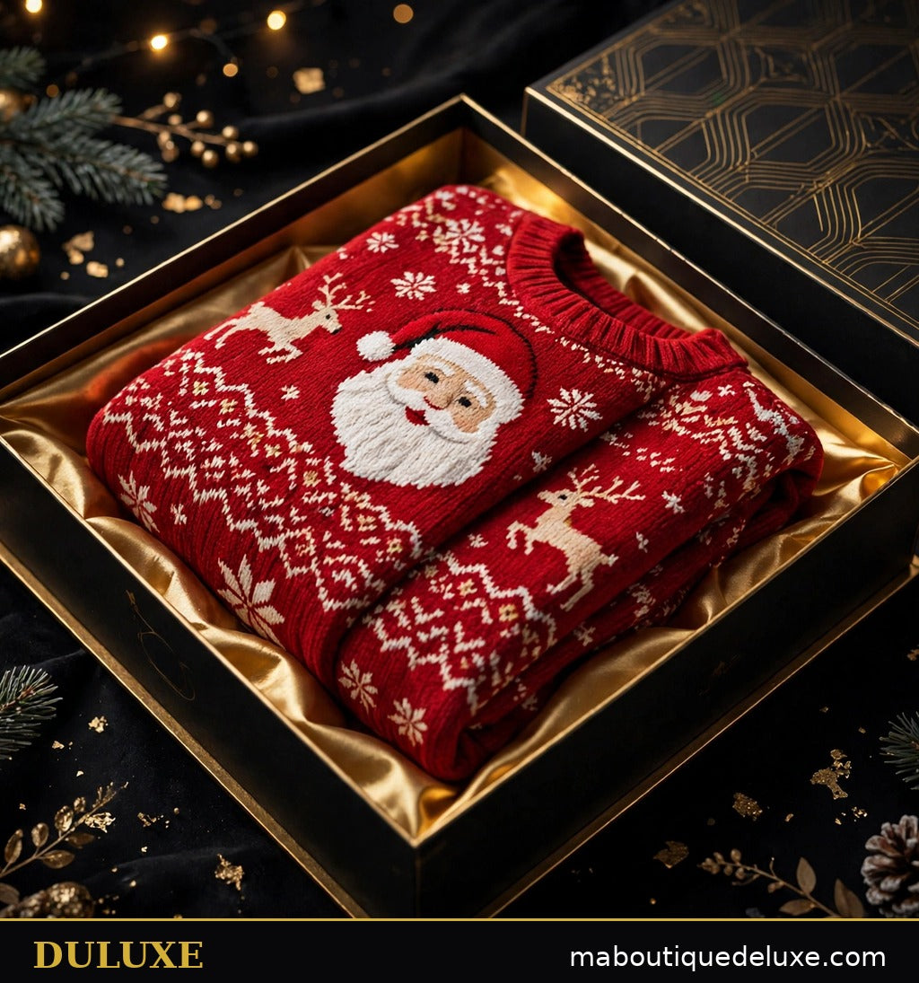 Coffret DULUXE noir et doré avec le pull de Noël plié, présentation cadeau premium des Fêtes