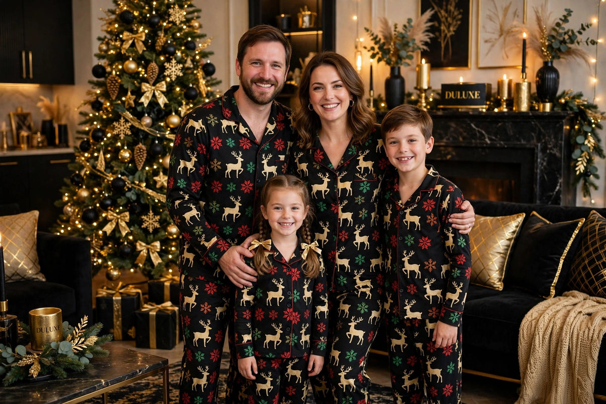 Famille en pyjamas de Noël assortis devant un sapin décoré, photo de famille souriante