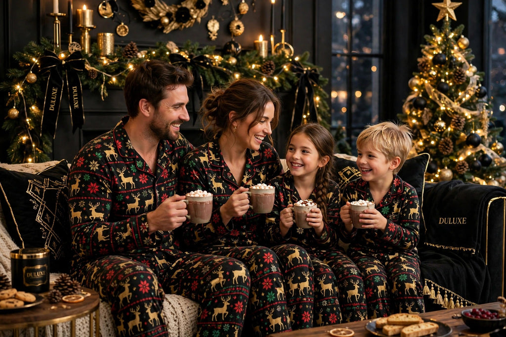 Famille en pyjamas de Noël assortis buvant un chocolat chaud sur un canapé avec guirlande lumineuse