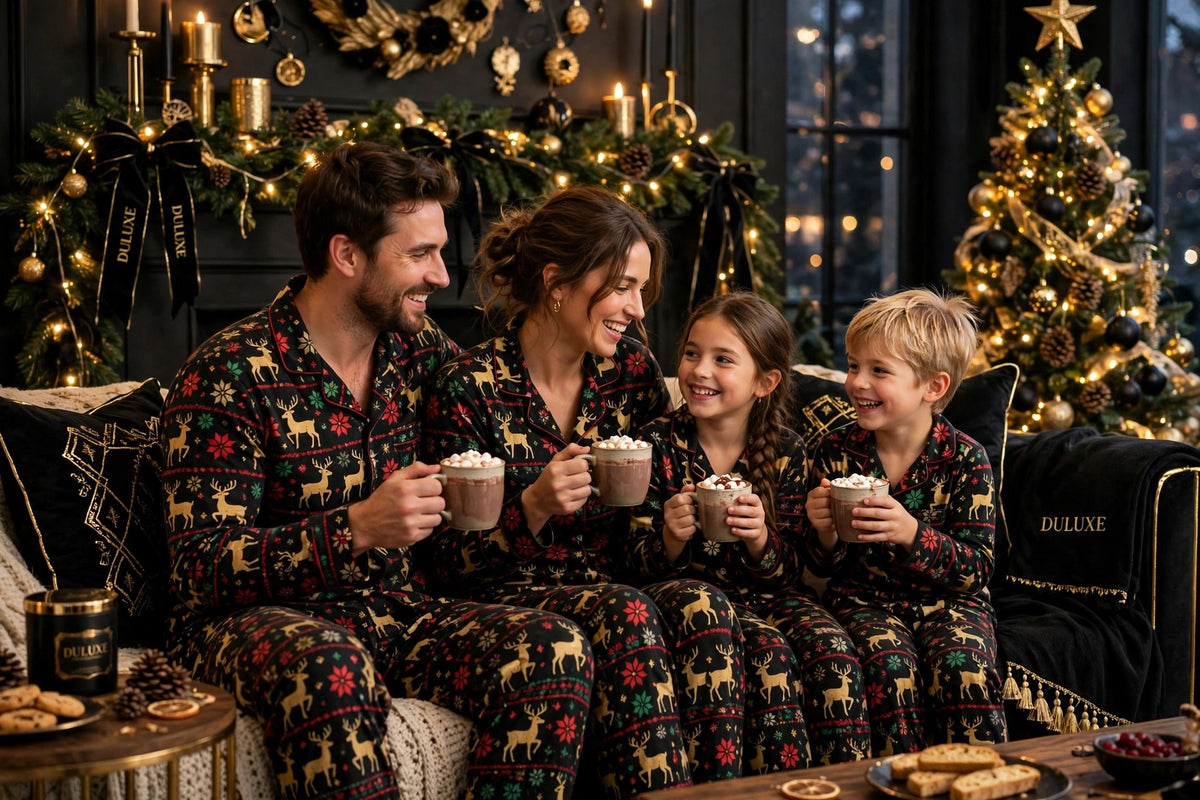 Famille en pyjamas de Noël assortis buvant un chocolat chaud sur un canapé avec guirlande lumineuse