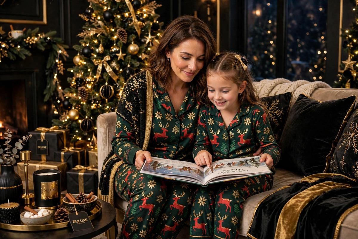 Maman et fillette en pyjamas de Noël assortis lisant un conte près du sapin le soir
