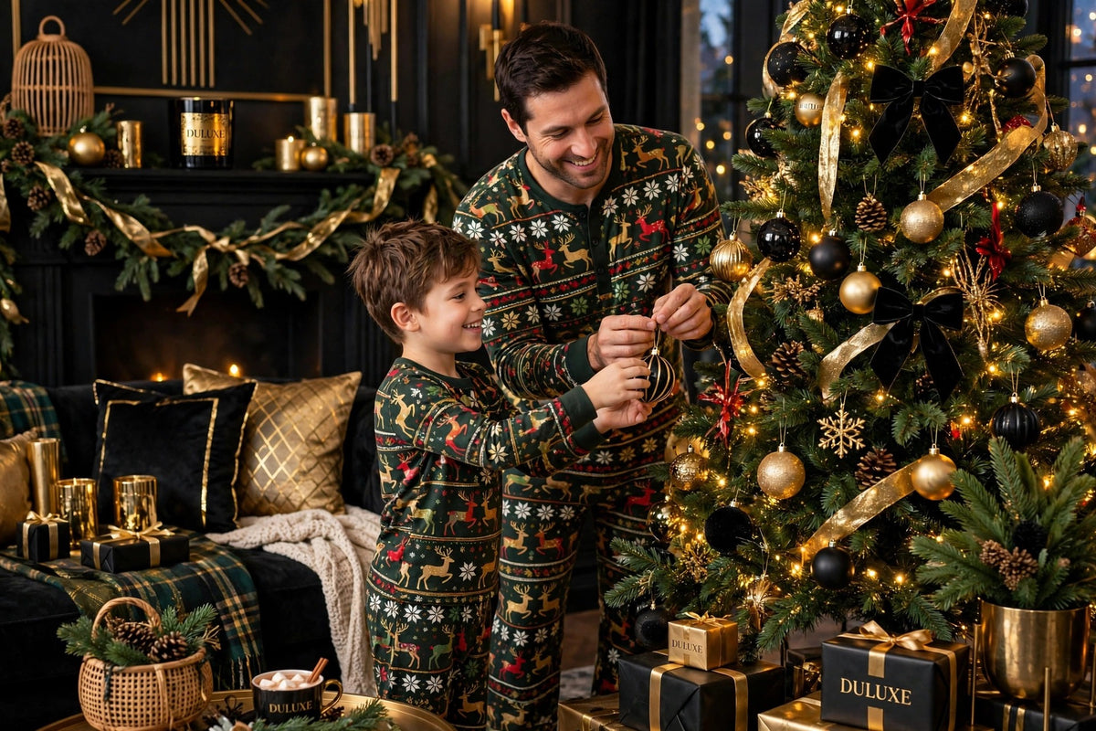 Papa et garçon en pyjamas de Noël assortis accrochant des décorations au sapin