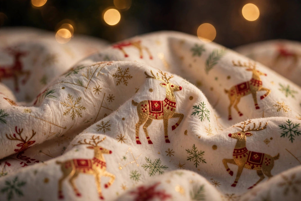 Gros plan sur le tissu doux du pyjama au motif festif de flocons et de rennes