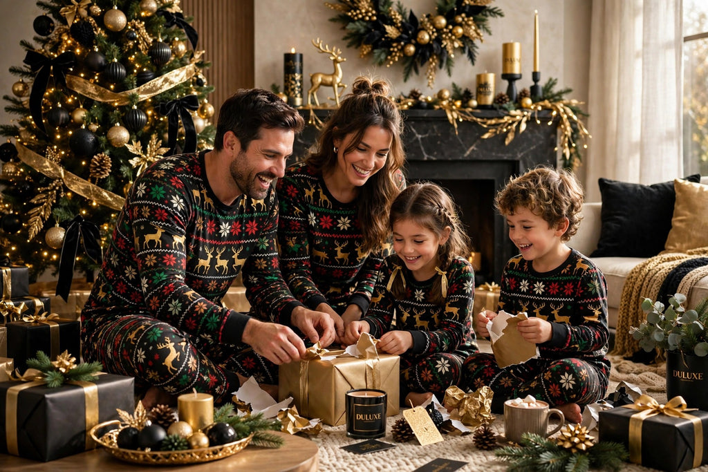 Matin de Noël, famille en pyjamas assortis ouvrant des cadeaux près du sapin