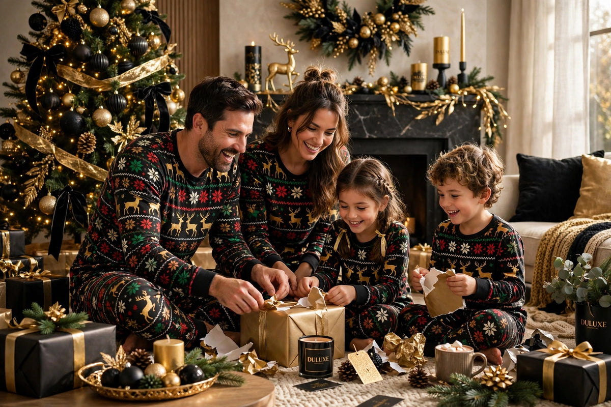 Matin de Noël, famille en pyjamas assortis ouvrant des cadeaux près du sapin