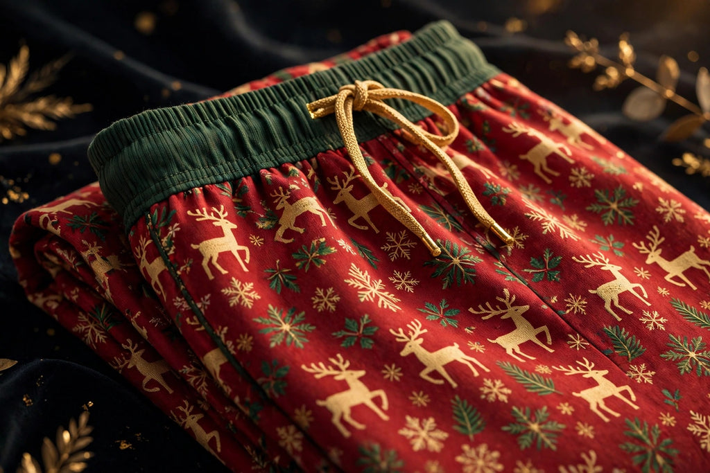 Détail de la taille élastique avec cordon et de la coupe du pantalon de pyjama adulte plié