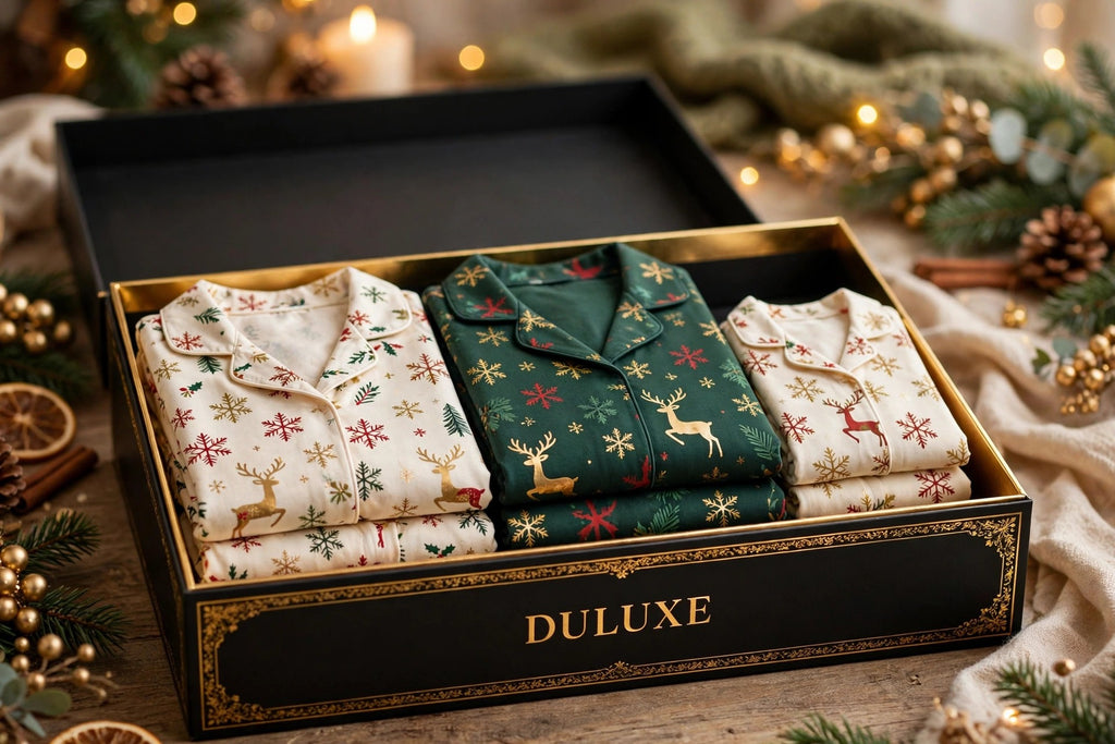 Trois pyjamas de Noël pliés pour femme, homme et enfant présentés dans un coffret noir et doré DULUXE