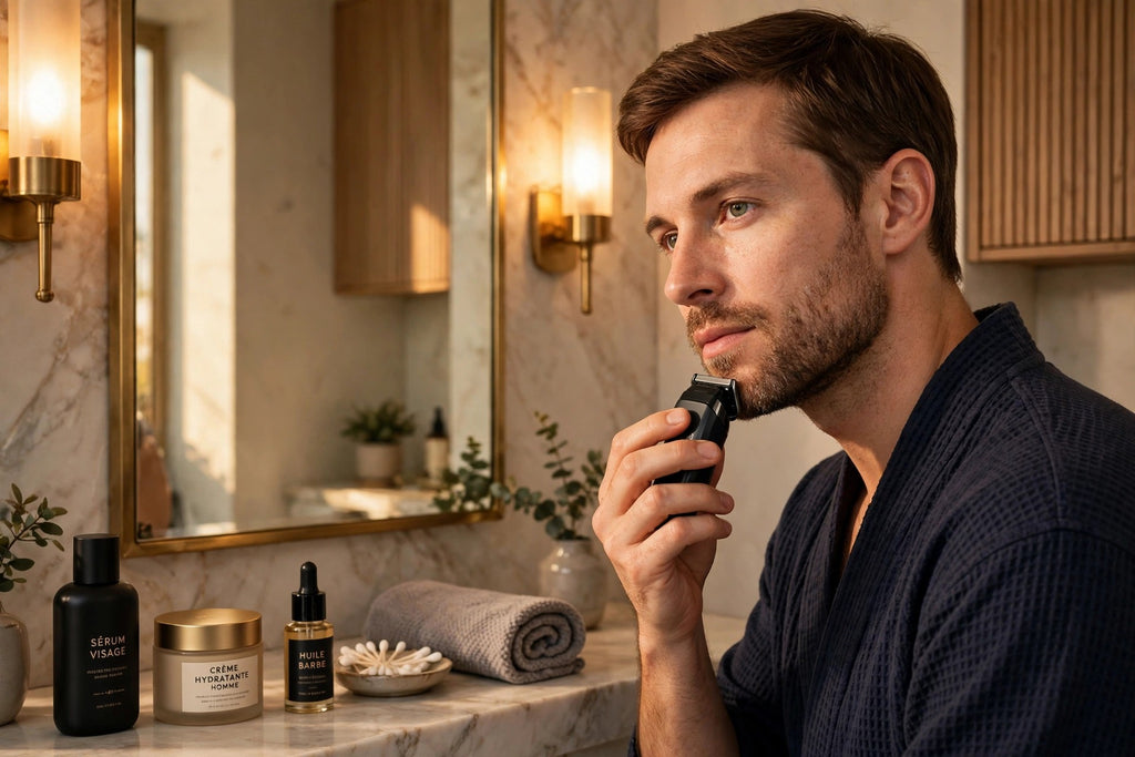 Homme se rasant avec le rasoir électrique compact DULUXE devant le miroir