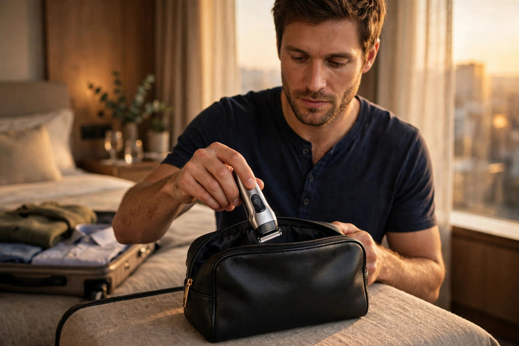 Rasoir DULUXE glissé dans une trousse de toilette en voyage