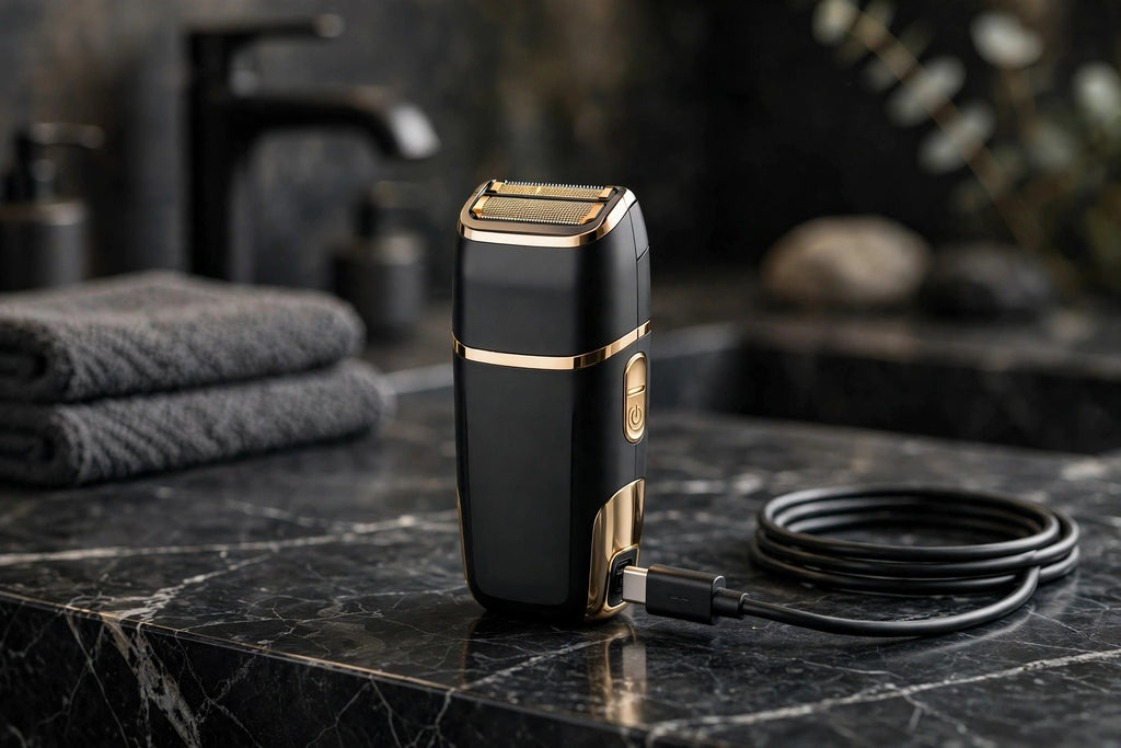 Recharge USB du rasoir DULUXE sur un comptoir en marbre noir