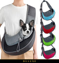 Sac de transport bandoulière gris en maille respirante DULUXE porté avec un petit chien