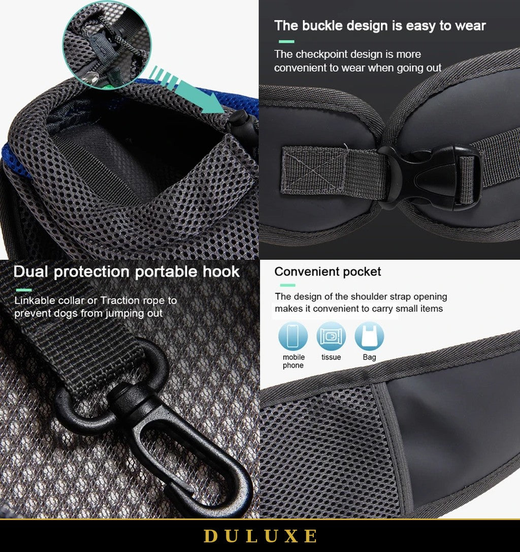 Sacs bandoulière pour petit chien DULUXE en bleu, rouge, vert et gris, maille respirante