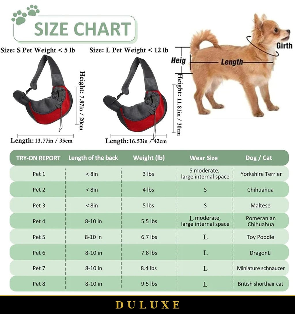 Guide des tailles du sac bandoulière DULUXE : S jusqu'à 5 lb et L jusqu'à 12 lb