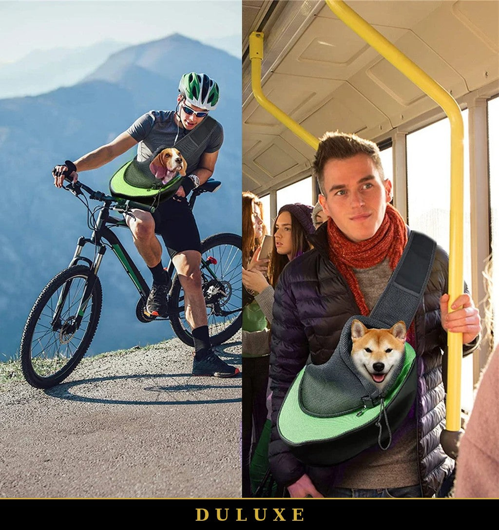 Sac de transport bandoulière vert DULUXE en sortie vélo et en transport en commun avec petit chien