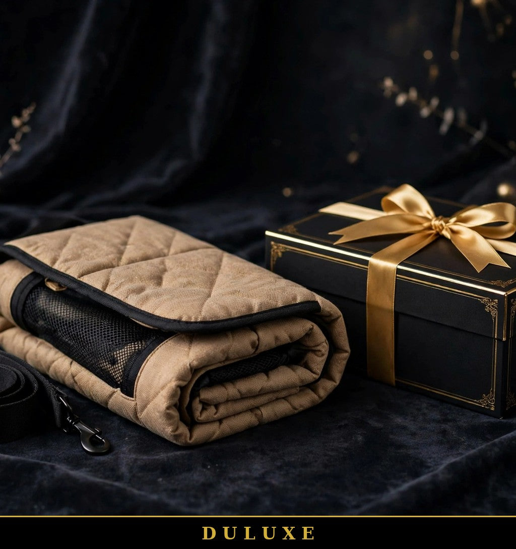 Sac bandoulière de transport pour petit chien DULUXE présenté avec un coffret cadeau noir et doré