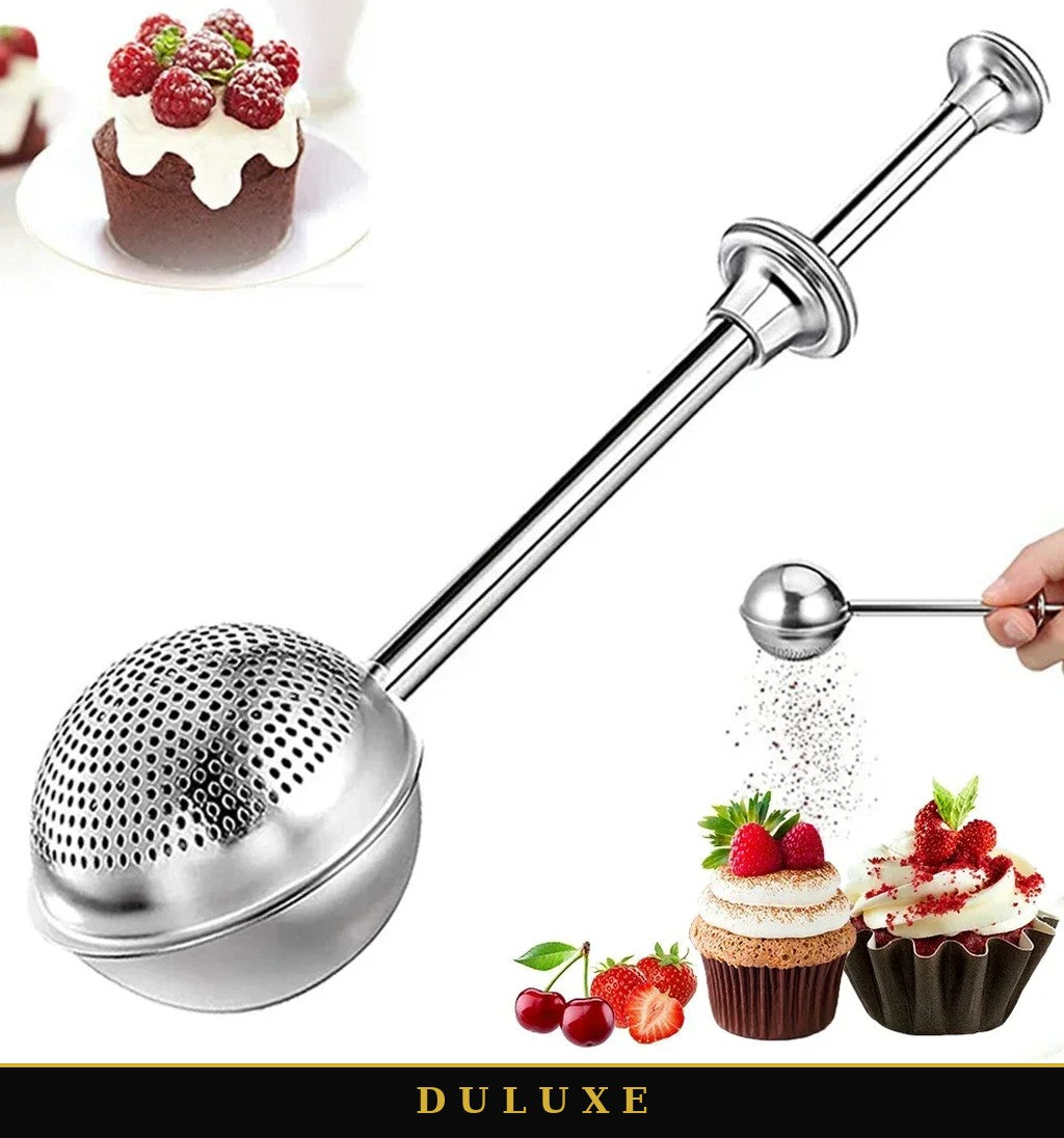 Saupoudreuse à sucre glace en acier inoxydable DULUXE avec tamis sphérique et cupcakes décorés