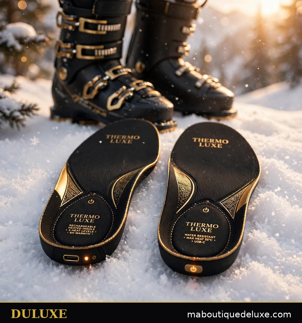 Semelles chauffantes rechargeables DULUXE noires et dorées posées sur la neige fraîche devant des bottes de ski, visuel principal