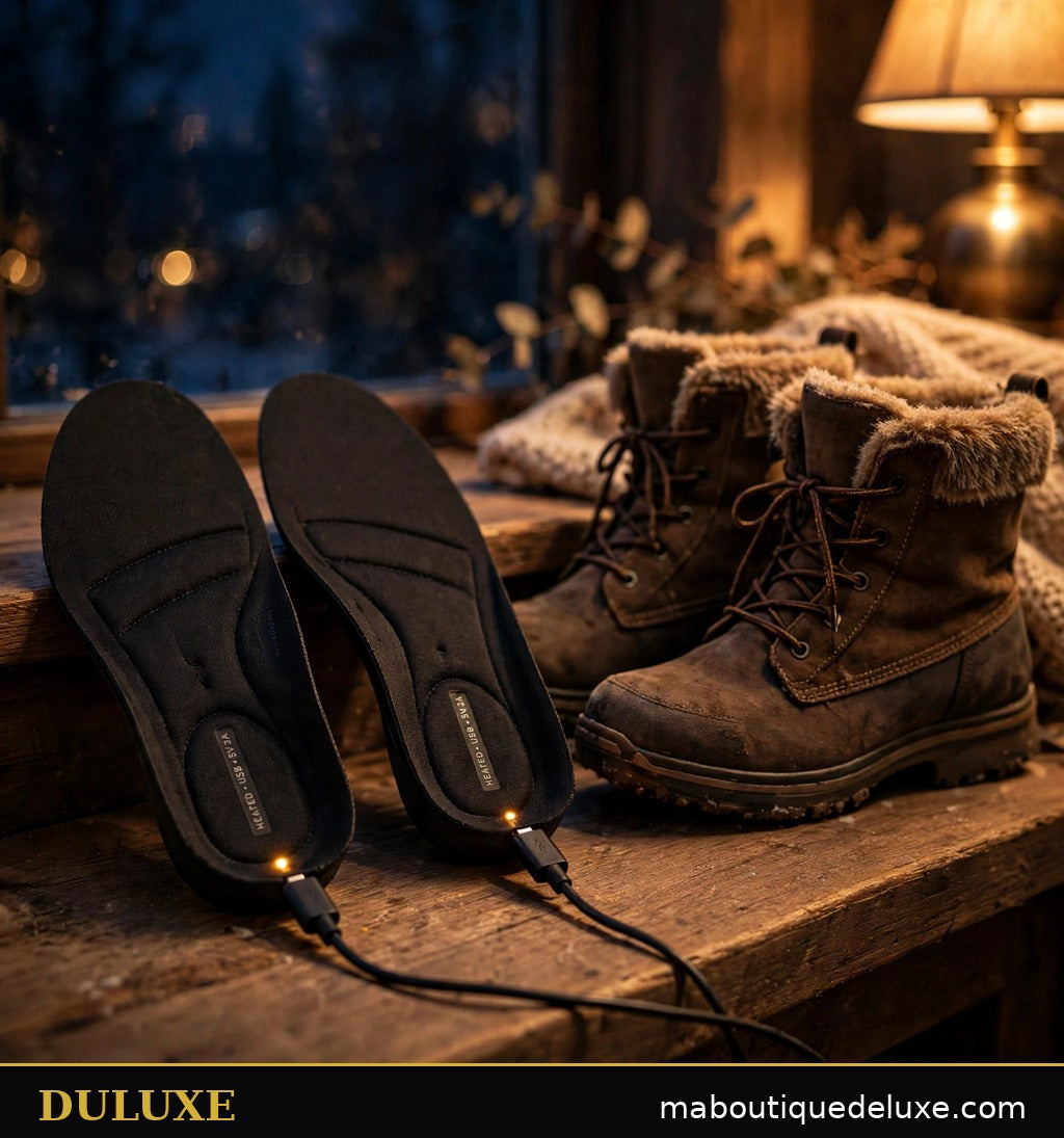 Recharge USB des semelles chauffantes DULUXE le soir, branchées près des bottes d'hiver