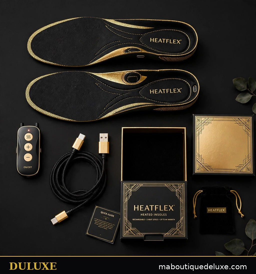 Présentation à plat noir et doré DULUXE : paire de semelles chauffantes, télécommande sans fil, câble USB et emballage DULUXE