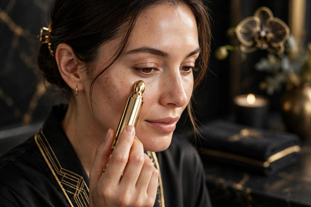 Application du soin contour des yeux DULUXE avec l'applicateur roll-on massant