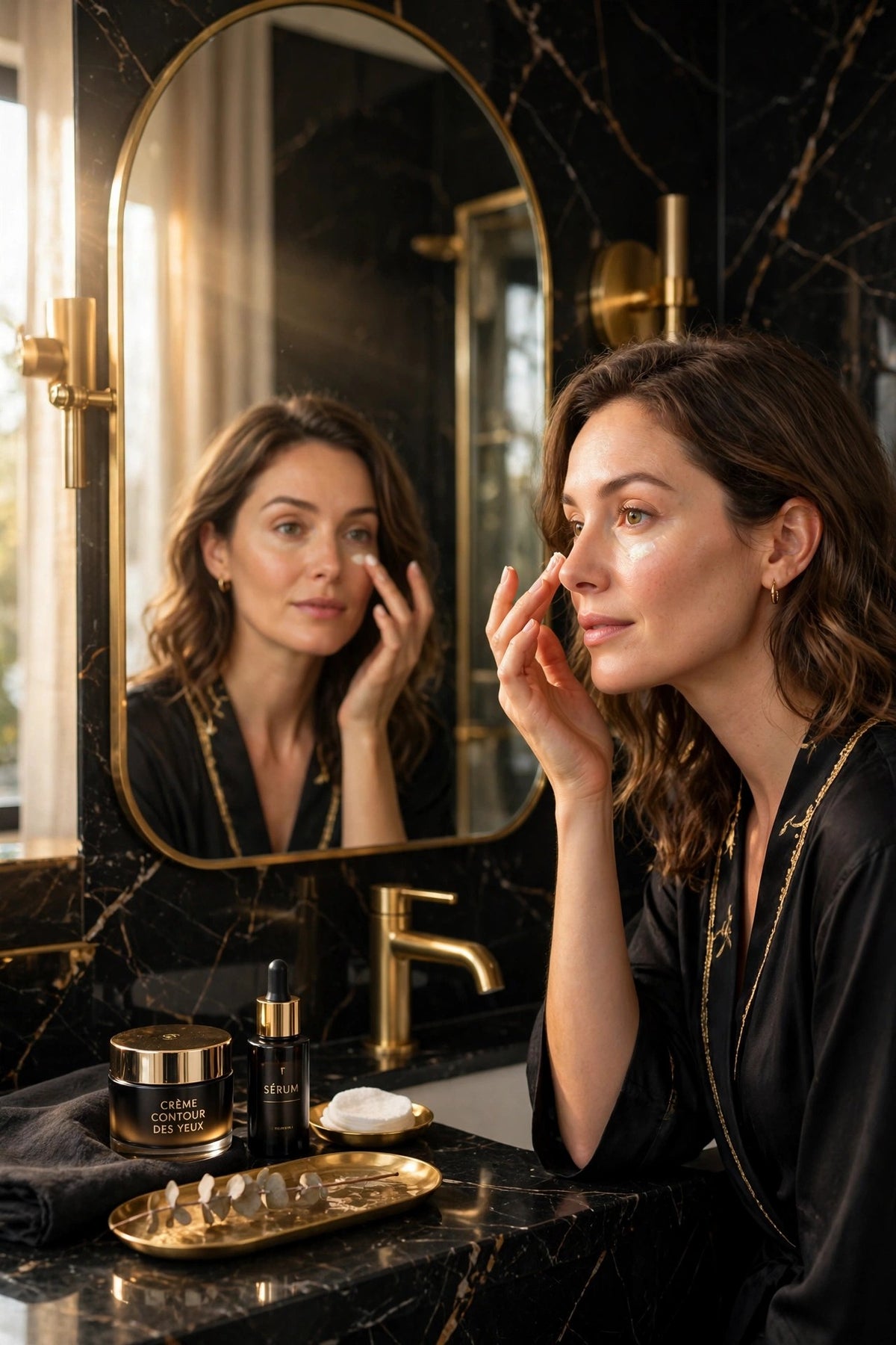 Routine du matin : application du soin contour des yeux DULUXE devant le miroir