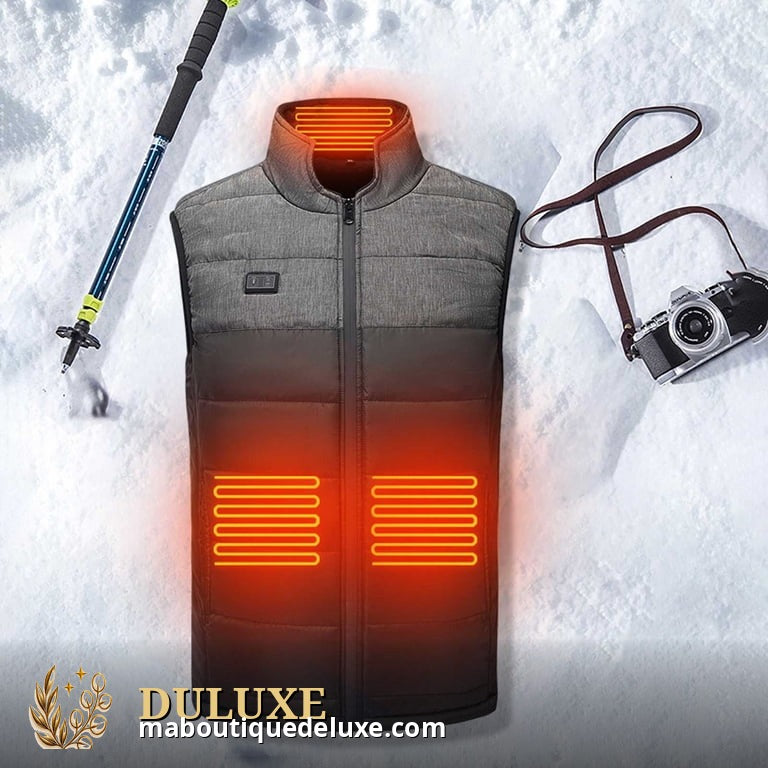 Veste chauffante d'hiver USB DULUXE – zones chauffantes visibles dans la neige, idéale pour l'hiver québécois