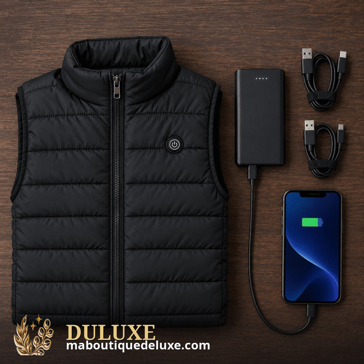 Veste chauffante d'hiver USB DULUXE – gilet noir avec batterie externe, câbles USB et bouton de contrôle 3 niveaux