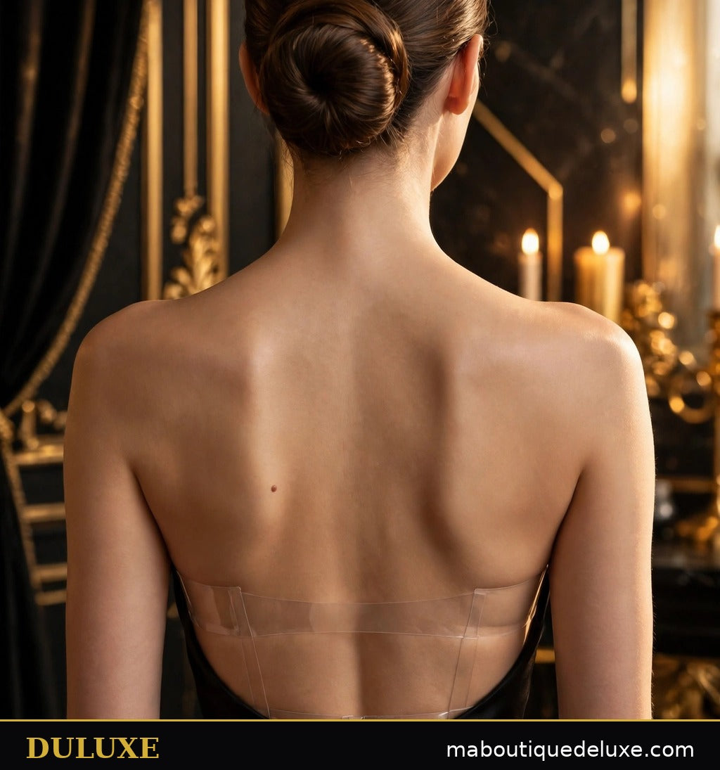 Femme de dos en robe dos nu noire portant les soutiens-gorge adhésifs invisibles DULUXE