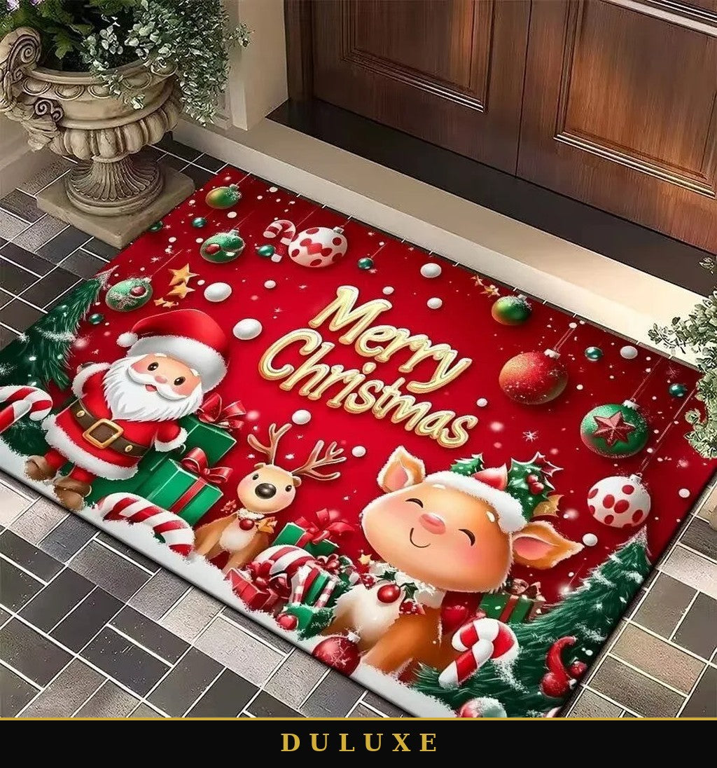 Tapis de Noël DULUXE motif Père Noël et renne sur fond rouge, posé devant une porte en bois