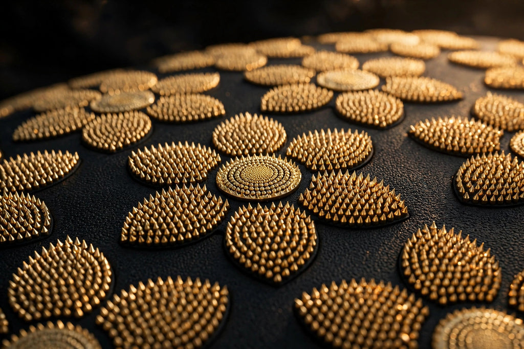 Gros plan sur les milliers de picots dorés en motifs floraux du tapis d'acupression noir DULUXE