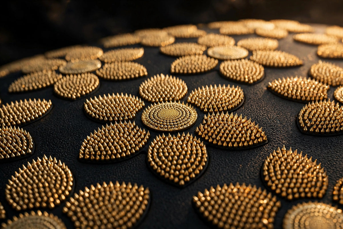 Gros plan sur les milliers de picots dorés en motifs floraux du tapis d'acupression noir DULUXE