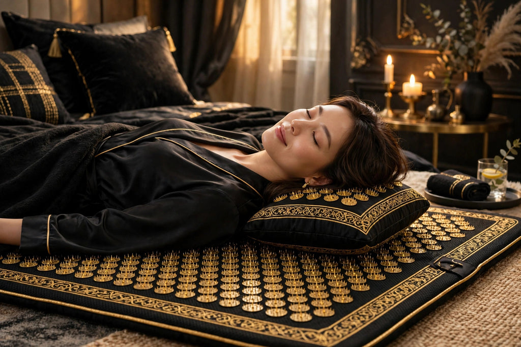 Femme reposant sa nuque sur le coussin d'acupression assorti, allongée sur le tapis d'acupression DULUXE