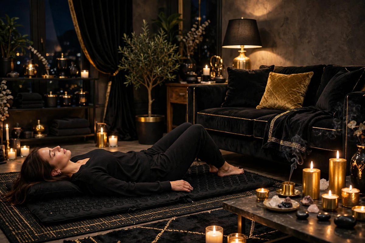 Routine du soir sur le tapis d'acupression dans un salon chaleureux aux bougies et à la lumière dorée douce