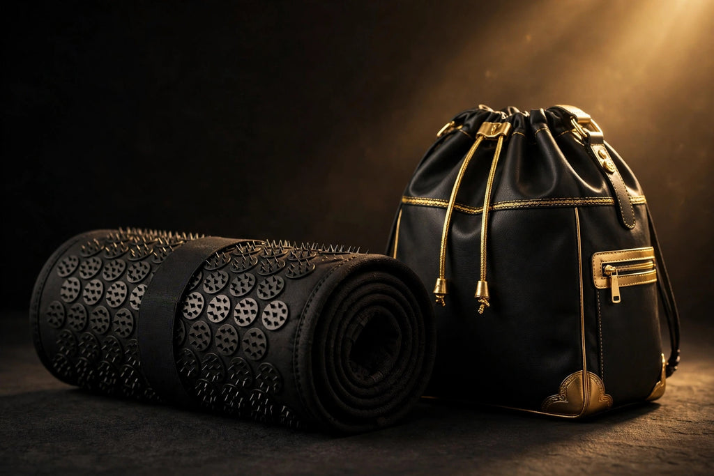 Tapis d'acupression noir roulé à côté de son sac de transport élégant noir aux accents dorés DULUXE