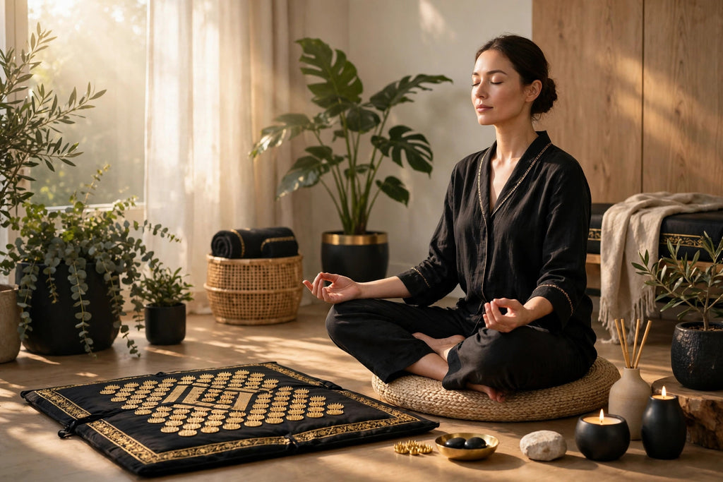 Séance de méditation paisible à côté du tapis d'acupression noir et doré, ambiance sereine et lumière du matin