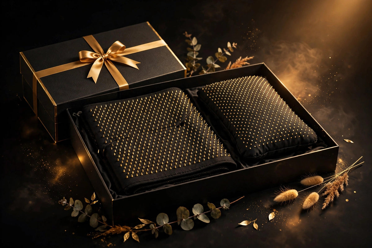 Tapis d'acupression et coussin présentés dans un coffret cadeau noir et doré DULUXE avec ruban, prêts à offrir