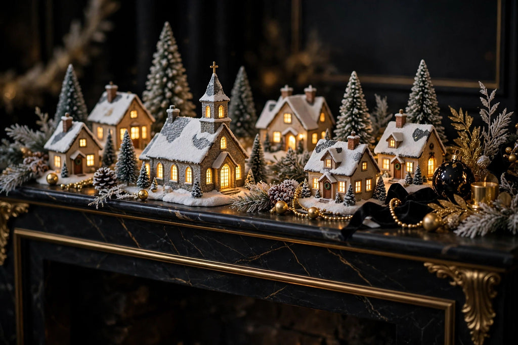 Village de Noël miniature lumineux DULUXE illuminé le soir sur une cheminée, maisons enneigées à LED blanc chaud
