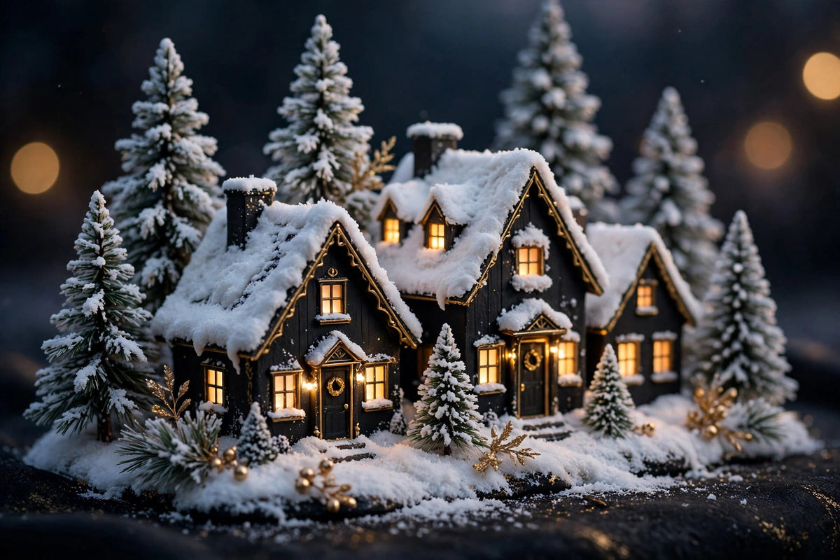 Gros plan sur les maisons enneigées du village de Noël miniature DULUXE, fenêtres LED à lumière chaude
