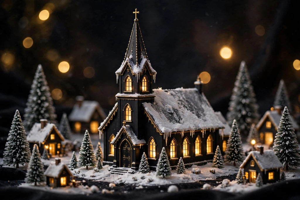 Église miniature illuminée du village de Noël DULUXE, fenêtres dorées et toit enneigé