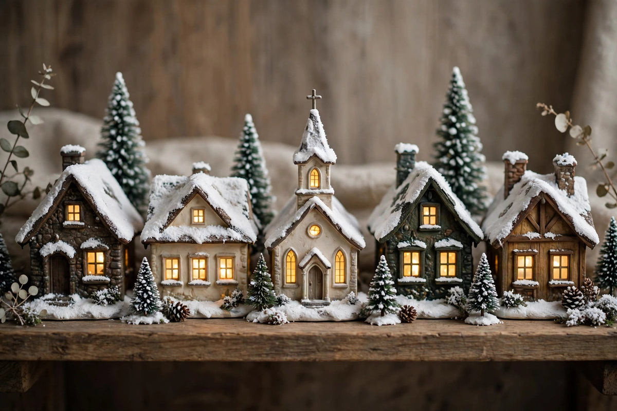 Ensemble 5 maisons du village de Noël miniature lumineux DULUXE alignées, avec église et sapins enneigés