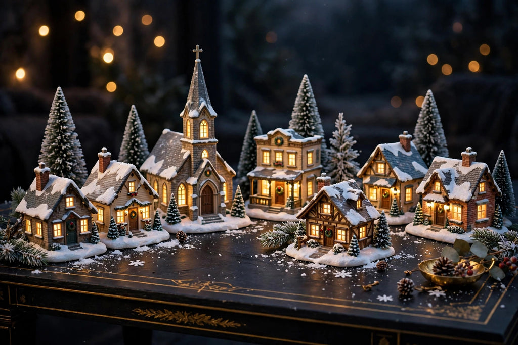 Ensemble 8 maisons du village de Noël miniature lumineux DULUXE, village complet illuminé