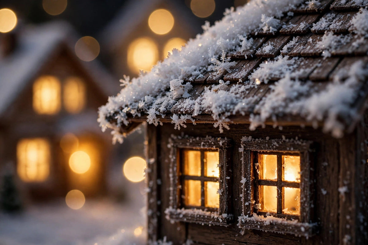 Détail des fenêtres à lumière chaude du village de Noël miniature DULUXE, toit enneigé