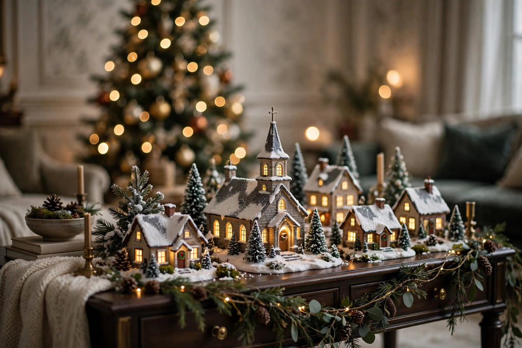 Village de Noël miniature lumineux DULUXE dans un salon de Noël, sapin décoré en arrière-plan