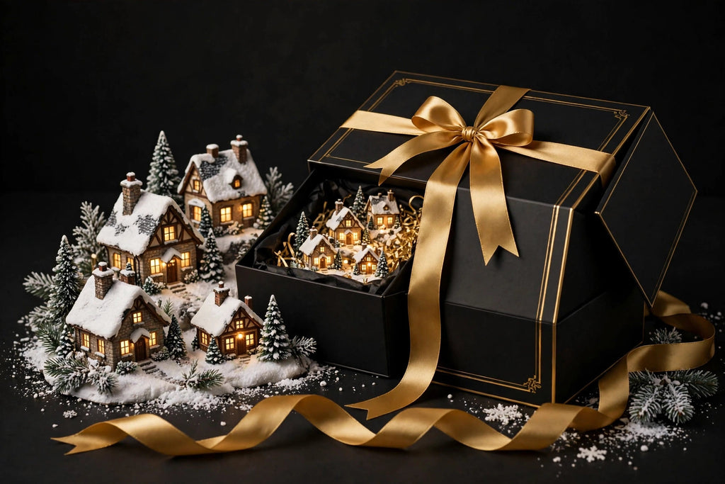 Présentation coffret cadeau élégant noir et or du village de Noël miniature lumineux DULUXE