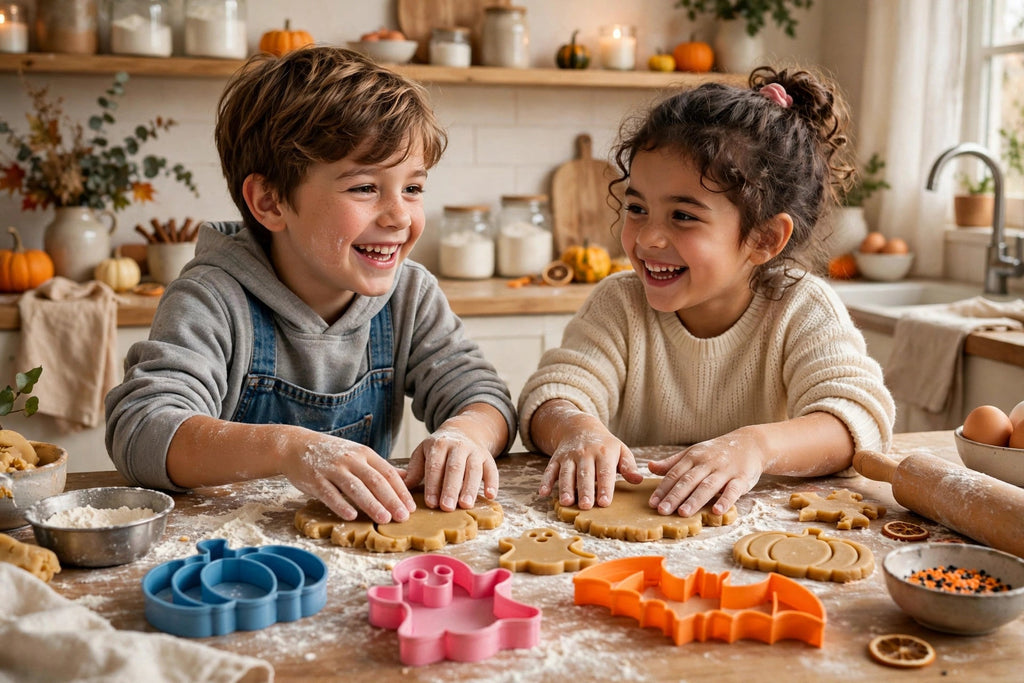 Enfants préparant des biscuits Halloween avec les emporte-pièces 3D
