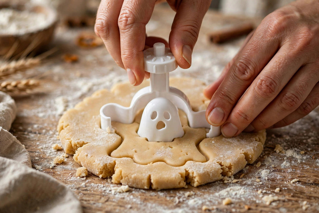 Mains pressant un emporte-pièce Halloween 3D dans la pâte